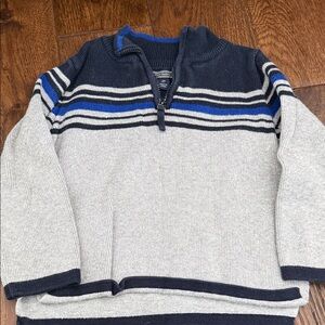 Navy and Gray Striped Zip-Up Sweater
